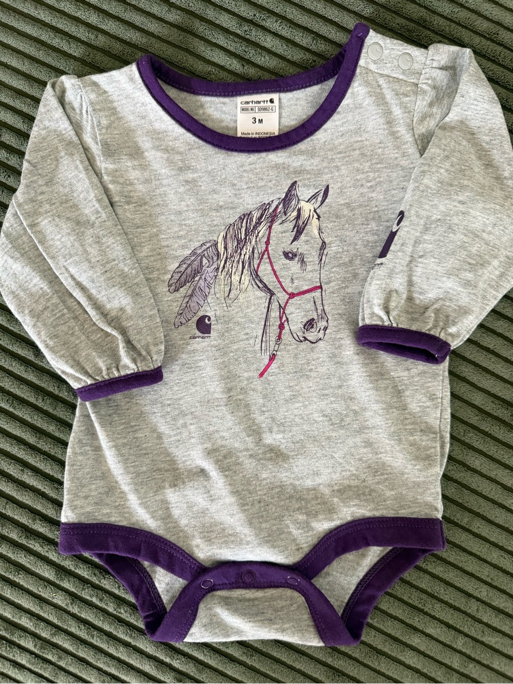 Carhartt Purple Corduroy Overalls with Gray Horse Bodysuit - Picture 4 of 13